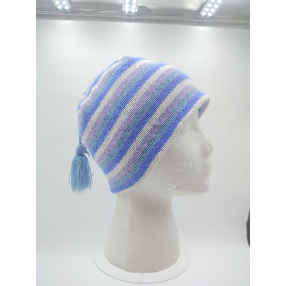 LL Bean Girls Large Knit Ski Beanie Purple White Gray Stripe Tassel made In USA